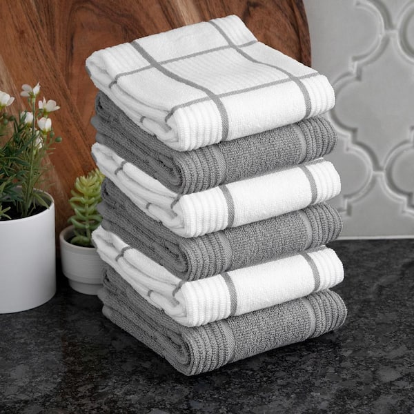 T-Fal Textiles 6-Piece Solid and Check Parquet Cotton/Terry Kitchen Dish Towel Cloth Set (Blue)