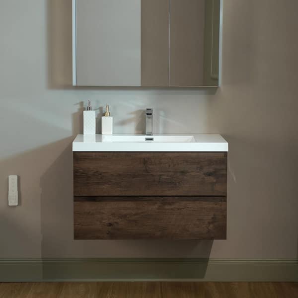 NJ 35.4 in. W x 19.6 in. D x 22.5 in. H Single Sink Floating Bath Vanity in Rose Wood with White Resin Top