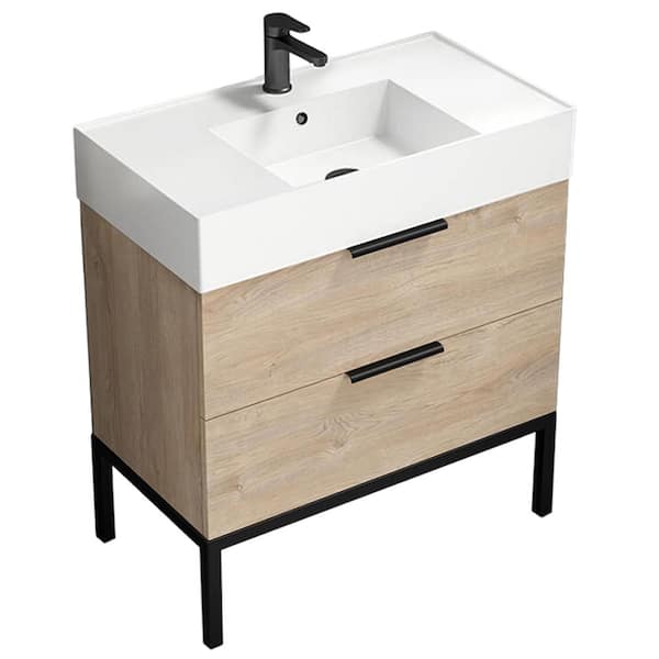 DERIN Derin 31.89 in. W x 31.89 in. D x 34.65 in. H FreeStanding Bath Vanity in Brown Oak with Vanity Top Basin in White