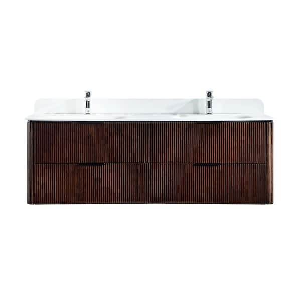 Elio 60 in. W x 18.9 in. D x 20 in. H Walnut Color Bath Vanity with White Acrylic Top With Double White Sink
