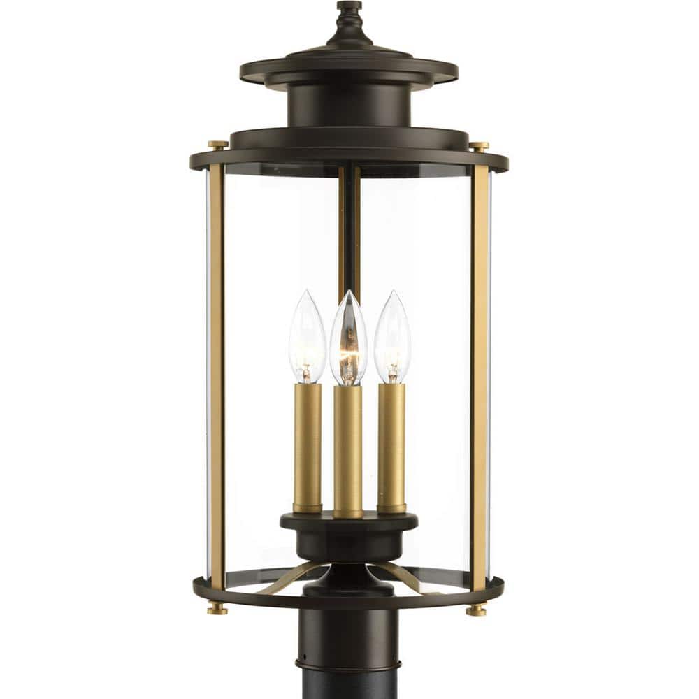 Antique Bronze 3-Light Outdoor Post Lantern with Clear Glass Shade