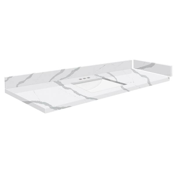 Transolid Silestone 55.25 in. W x 22.25 in. D Quartz White Rectangular Single Sink Vanity Top in Bianco Calacatta