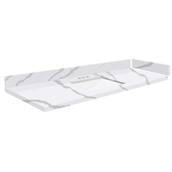 Transolid Silestone 55 in. W x 22.25 in. D Quartz White Rectangular Single Sink Vanity Top in Bianco Calacatta
