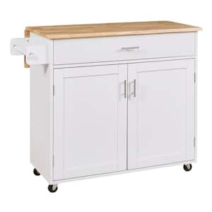 White Wood 39.00 in. Kitchen Island with Rubber Wood Top, Spacious Drawer, Storage Rack