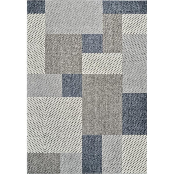 Gray, Blue 5 ft. x 8 ft. Woven Geometric Polypropylene Rectangle Indoor/Outdoor Area Rug