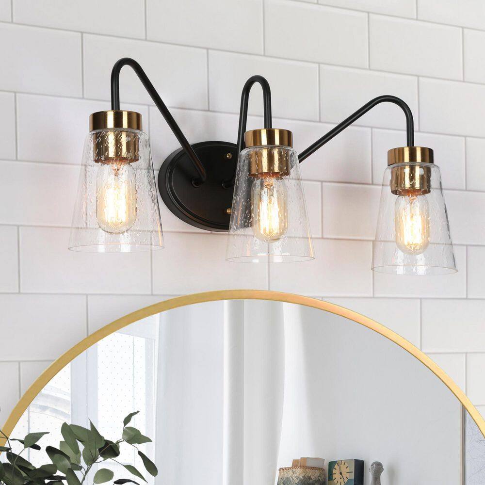 21.5 in. 3-Light Black Modern Bathroom Vanity Light, Brass Gold Bath Lighting with Cone Seeded Glass Shades price history on PriceWatchPro