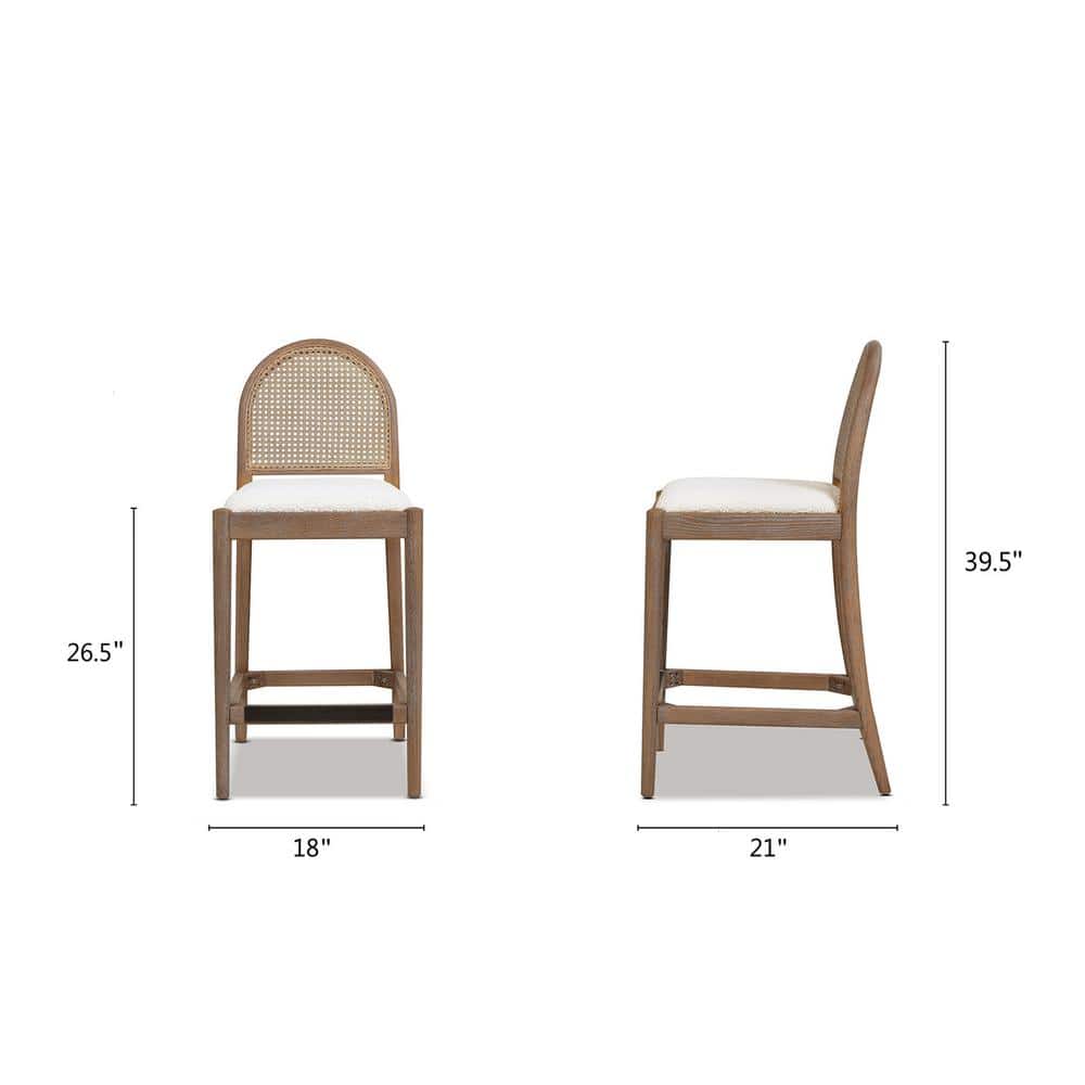 Ivory White Boucle and Oak Curved Bar Stools, Set of 2