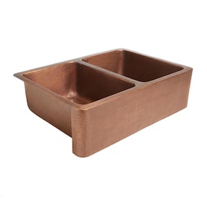 Adams Farmhouse/Apron-Front Handmade Solid Copper 33 in. Double Bowl 50/50 Kitchen Sink in Antique Copper