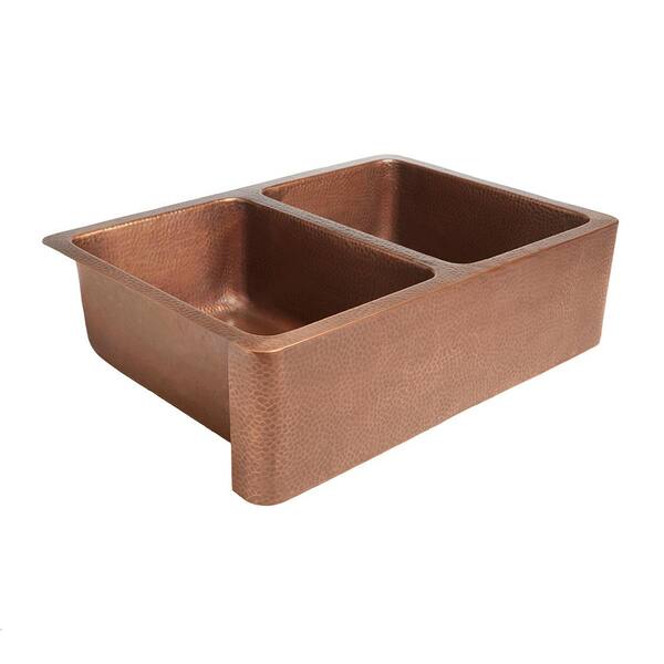 SINKOLOGY Adams Farmhouse/Apron-Front Handmade Solid Copper 33 in. Double Bowl 50/50 Kitchen Sink in Antique Copper