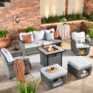 Echo Black 6-Piece Wicker Multi-Functional Patio Conversation Sofa Set with a Fire Pit and Light Grey Cushions