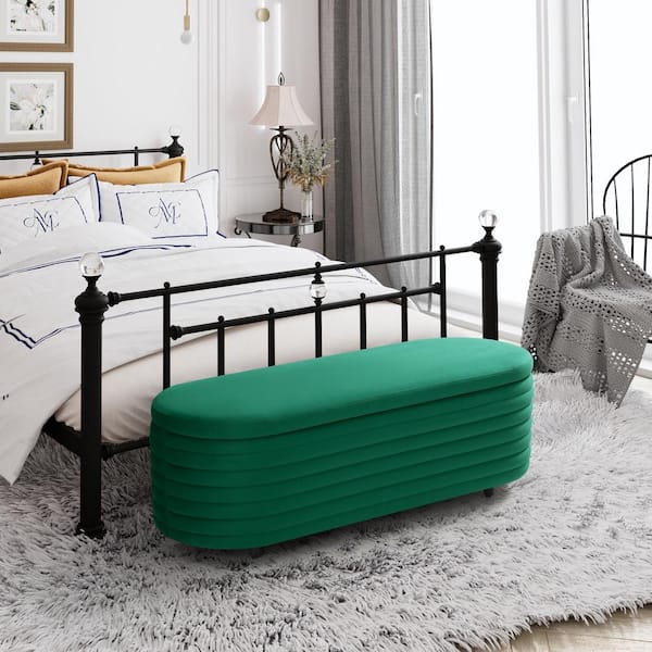 WESTINFURNITURE Farrah 54 in. Wide Oval Velvet Upholstered Entryway Flip Top Storage Bedroom Accent Bench in Green