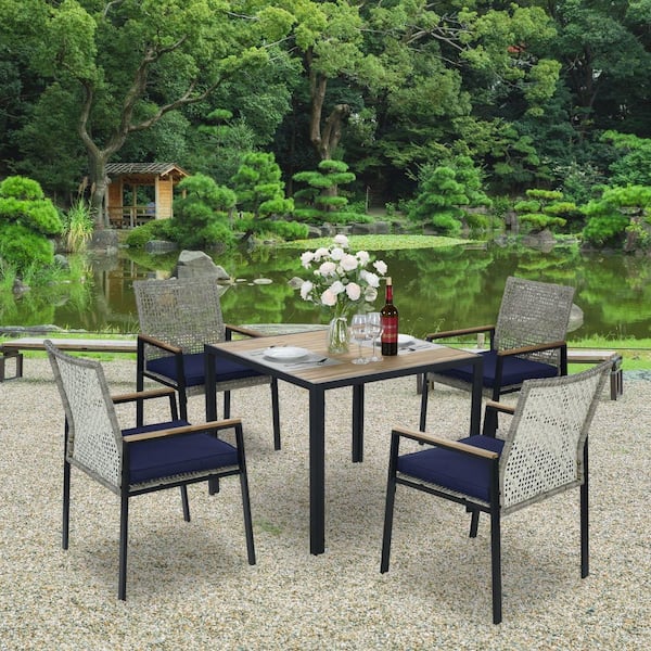 5-Piece Light Gray Wicker Outdoor Dining Sets with Acacia Wood Table Top Dining Table and 4 Chairs with Cushions in Blue