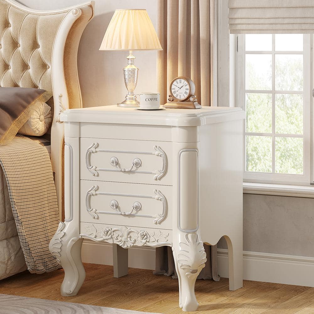 Cream White Carved Wood Nightstand with Silver Accents and 2 Drawers