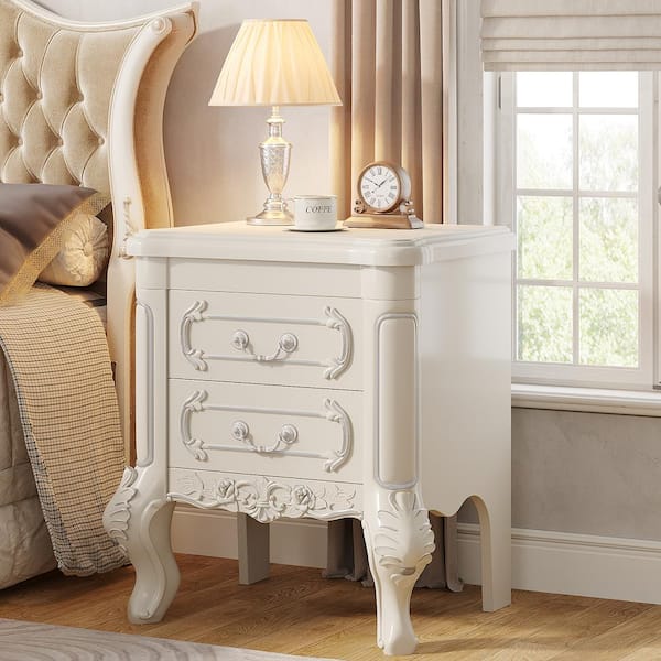 White 2 Drawers 20.08 in. W Nightstand, End Table Carved Bedside Tables for Bedroom, Living Room - Thumbnail 5