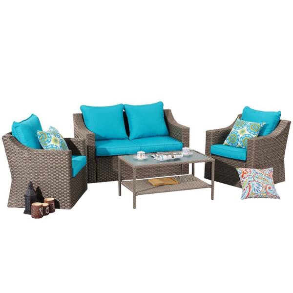 AUTMOON 7-Piece Wicker Patio Conversation Set with Blue Cushions