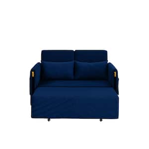 54 in. Blue Velvet Straight Convertible Full Sofa Bed with 2 Detachable Arm Pockets with Pull Out Bed and Headboard