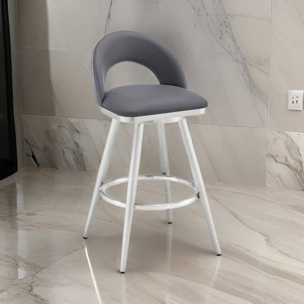 Benjara 26 in. Gray and Chrome Low Back Metal Frame Bar Stool with Faux Leather Seat
