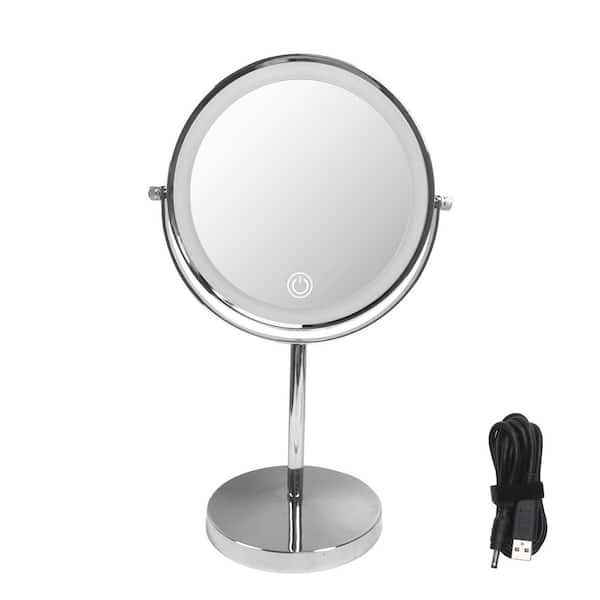 Tileon 8 in. W x 8 in. H Small Round 1x/10x Magnifying 3-Color-LED Touch Screen Type-C Port Tabletop Makeup Mirror in Chrome, Grey