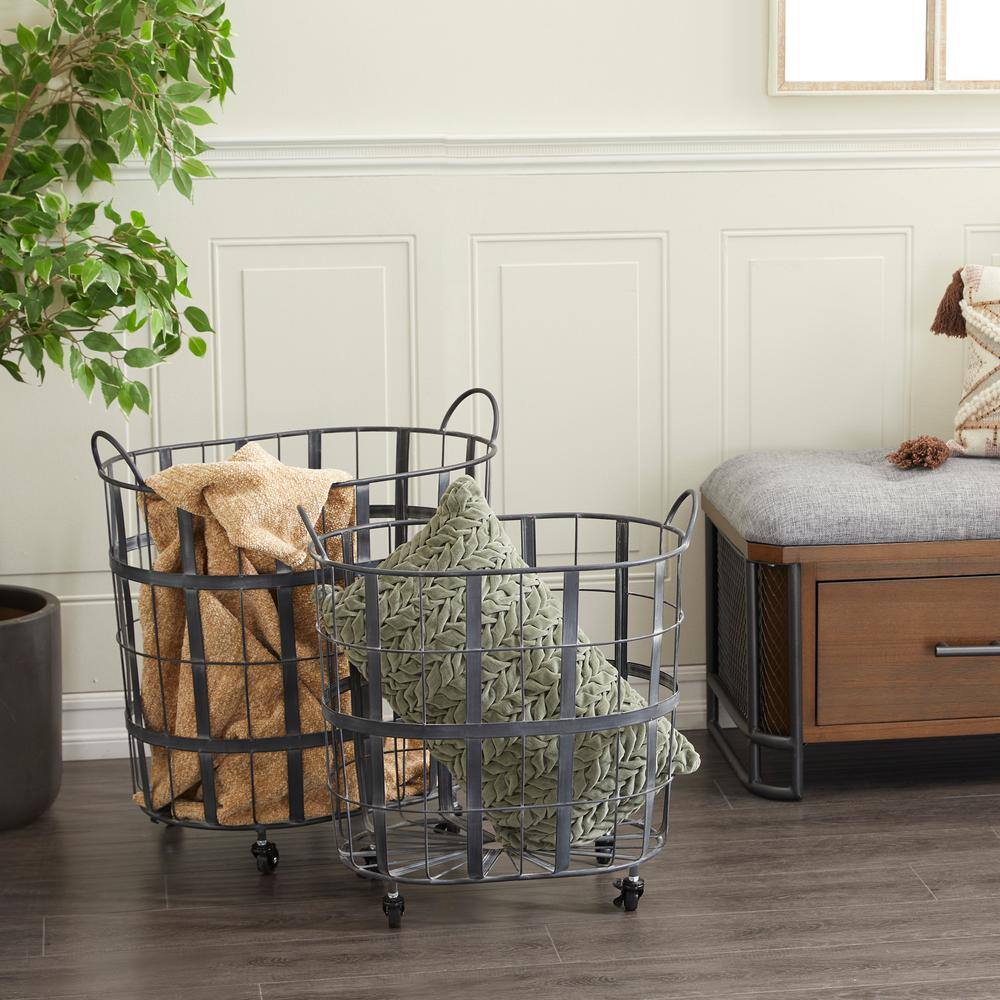 Industrial Black Metal Oval Storage Basket Set with Wheels