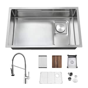 30 in. Undermount Single Bowl 18 Gauge Stainless Steel Double Ledges Kitchen Sink with Faucet and Sliding Accessories