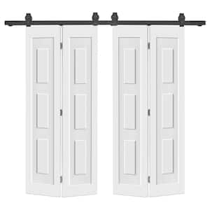 48 in. x 80 in. 3-Panel Shaker Hollow Core White Composite Double Bi-Fold Door with Barn Door Hardware Kit