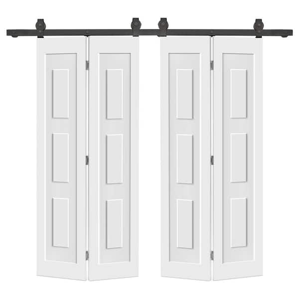 CALHOME 60 in. x 80 in. 3 Panel Shaker Hollow Core White Composite Double Bi-fold Door with Barn Door Hardware Kit