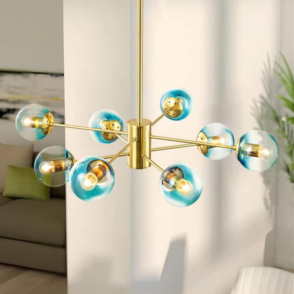 Rae 36.2 in. W 8-Light Gold Dimmable Blue Sputnik Bubble Modern Linear Chandelier
