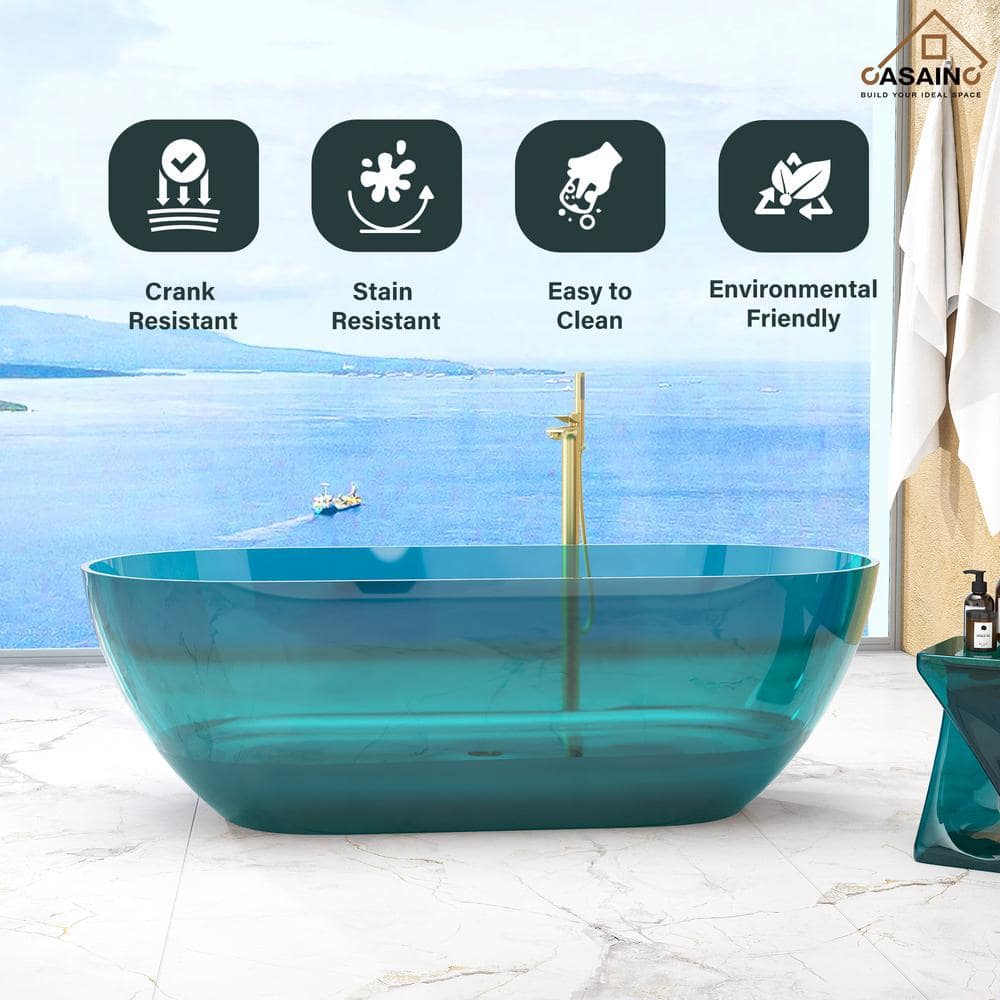 69'' Ocean Blue Transparent Resin Freestanding Soaking Bathtub