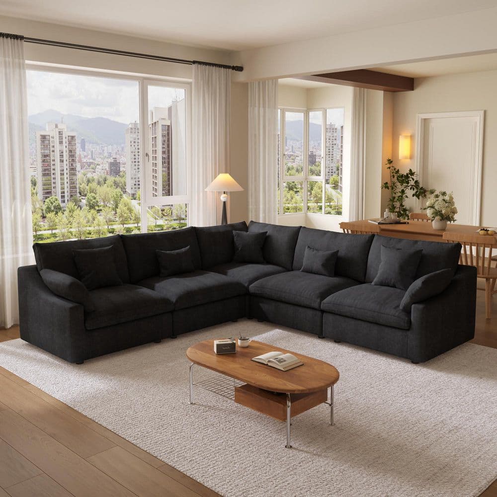 119.2 in. Square Arm 5-Piece Linen Down Modular Free Combination Sectional Sofa with Ottoman, Removable Covers in Black