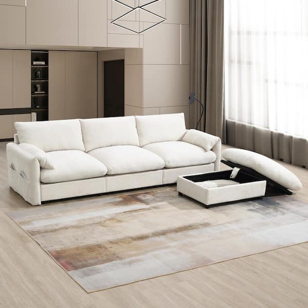 Phinean 96.5 in. Chenille Straight Arm L-Shaped Modular Sectional Sofa in Beige with Storage Ottoman and Pockets