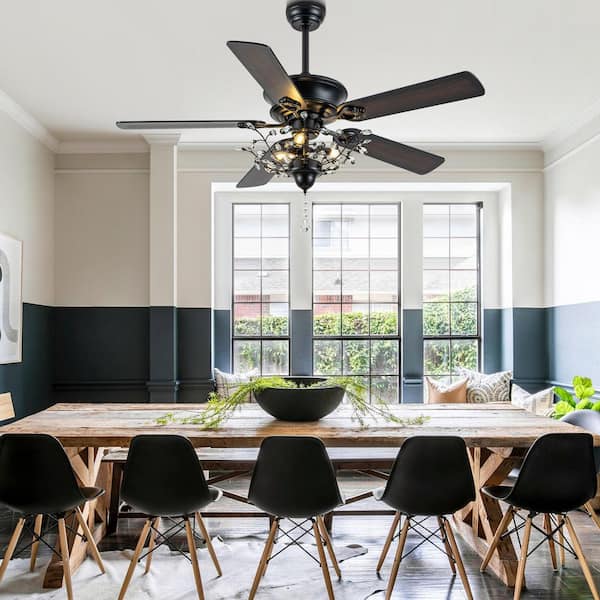 Luminelle 52 in. Indoor Black Standard Crystal Ceiling Fan with Light and Remote, Modern Caged Ceiling Fan with Downrod