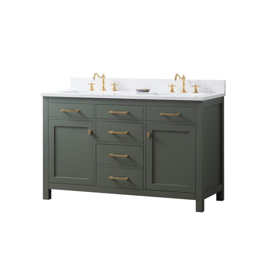 Vintage Green Double Vanity with Carrara White Top and Gold Hardware