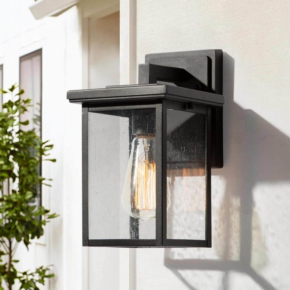 LNC Modern 10.5 in. Black Outdoor Wall Lantern Sconce Clear Seeded