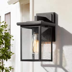 Modern 10.5 in. Black Outdoor Wall Lantern Sconce Clear Seeded Glass Shade Porch Patio Garden Light