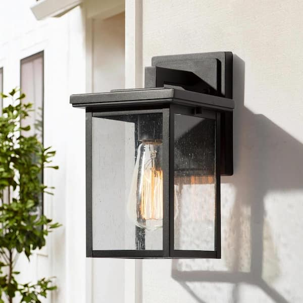 LNC Modern 10.5 in. Black Outdoor Wall Lantern Sconce Clear Seeded Glass Shade Porch Patio Garden Light