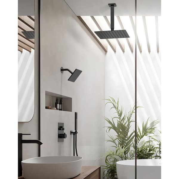 Multiple Press 7-Spray Ceiling Mount Anti Scald 12 in. Dual Fixed and Handheld Shower Head in Matte Black Valve Included