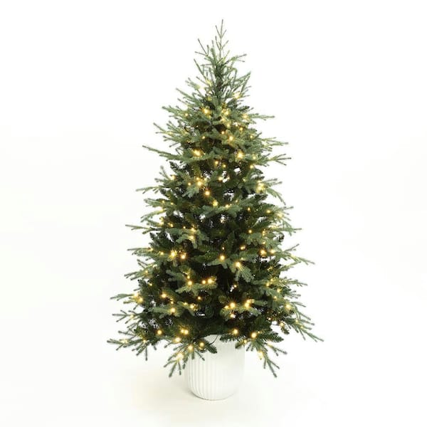 6.9 ft. PreLit Spruce Artificial Christmas Tree in White Pot, Hinged Branches & Warm Lights