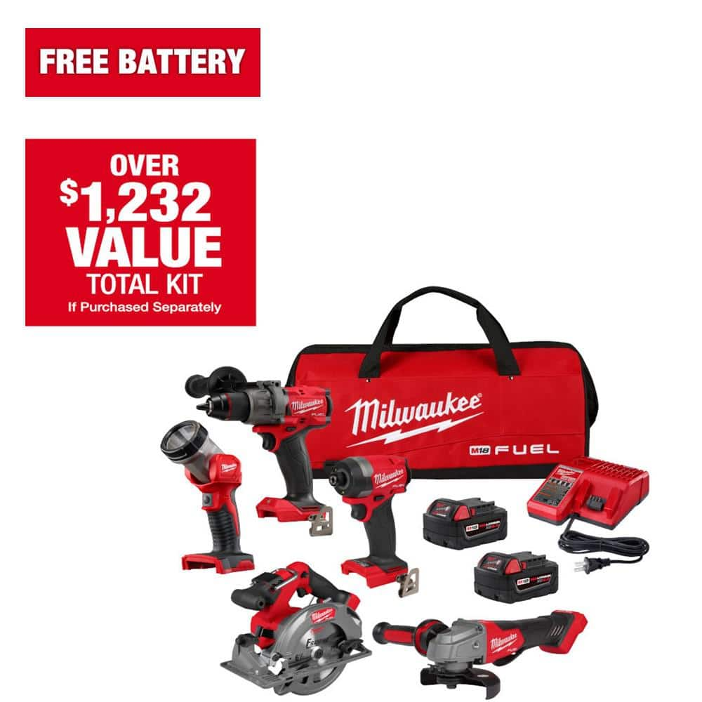 Milwaukee M18 18 Volt Lithium Ion Brushless Cordless FUEL Combo Kit 5 Tool with 2 Batteries 1 Charger and Tool Bag 2996 25 The Home Depot