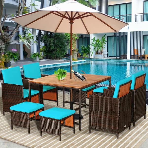 Clihome 9-Piece Wicker Outdoor Dining Set Patio Rattan Chairs Set with Turquoise Cushions and Acacia Wood Tabletop