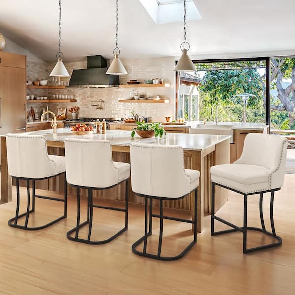 Aurora 26 in. Champagne Chenille Upholstered Counter Height Bar Stool with Double Cushion Counter Stool Set of 3