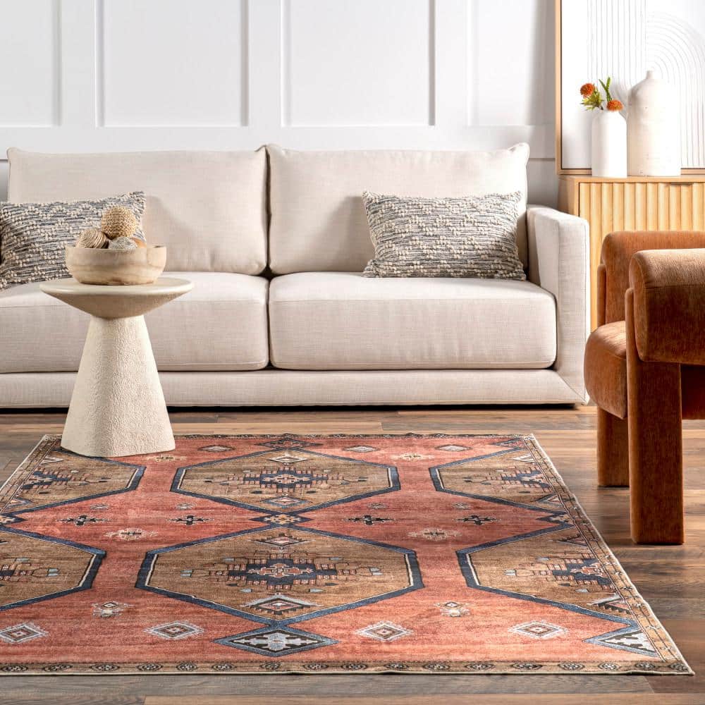 Gray and Rust Medallion 8' x 10' Washable Synthetic Area Rug
