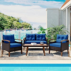 Brown 4-Piece Wood and Wicker Patio Conversation Set with Blue Cushions and Table Cover