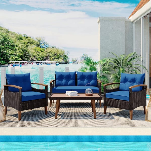 Harper & Bright Designs Brown 4-Piece Wood and Wicker Patio Conversation Set with Blue Cushions and Table Cover