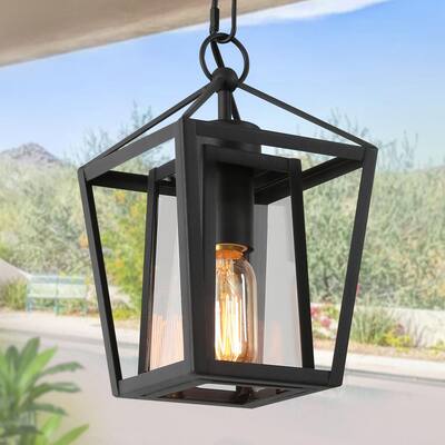 Modern Black Outdoor Pendant Light, Arie 1-Light Farmhouse Cage Outdoor Lantern Pendant Light with Clear Glass Shade