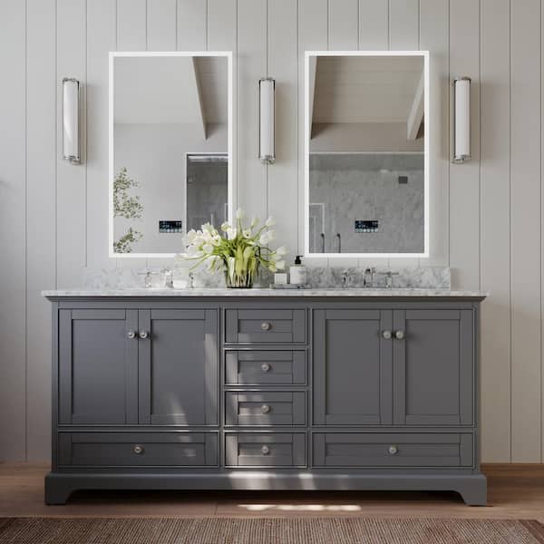 Ancerre Designs Audrey 72 in. W x 22 in. D Vanity in Sapphire Gray with Marble Vanity Top in White with White Basins