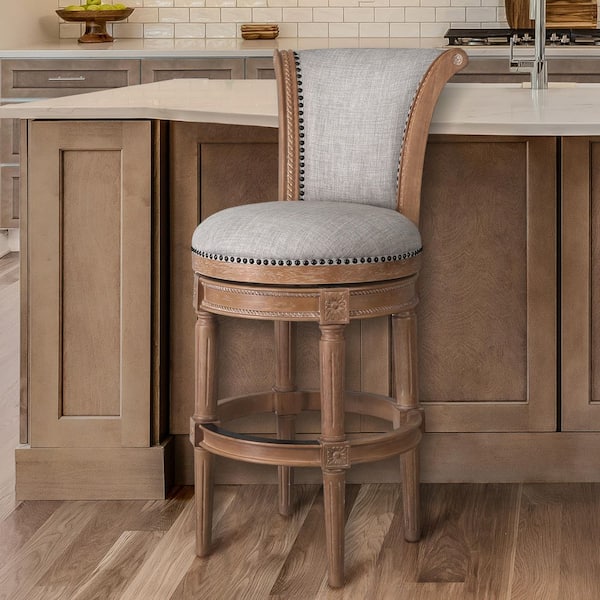 NewRidge Home Goods Chapman 31 in. Weathered Natural High Back Wood Swivel Bar Stool with Gray Upholstered Seat, 1-Stool