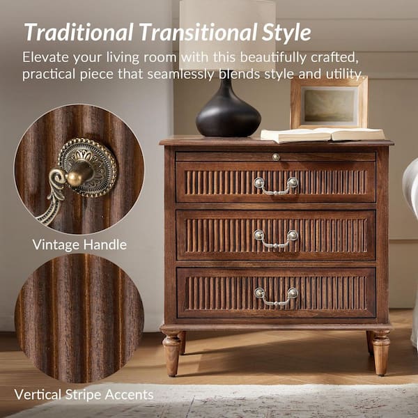 JAYDEN CREATION Weer Walnut Farmhouse Solid Wood 3-Drawer 26 in. W
