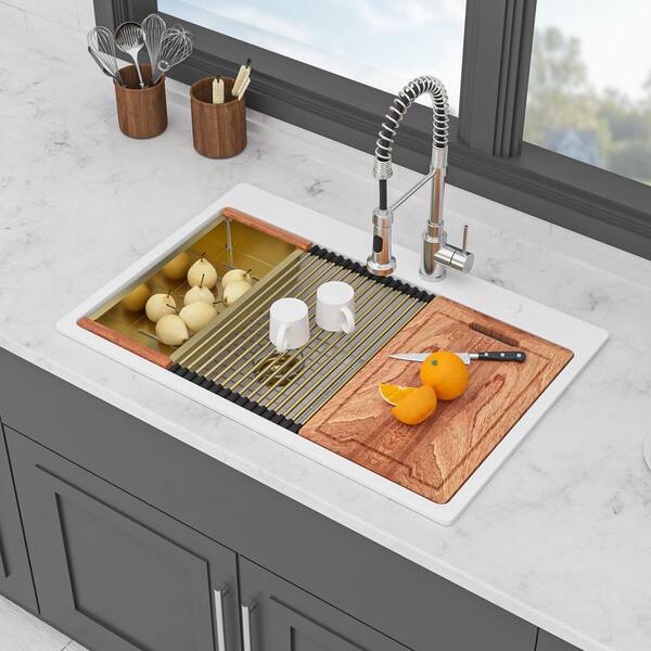 33 in. Drop-In 60/40 Double Bowl White Quartz Kitchen Sink W/ Cutting Board/Bottom Grid/Colander/Gold Baskets Strainer