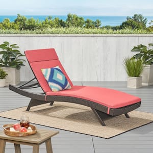 Salem Brown Faux Rattan Outdoor Chaise Lounge with Red Cushions