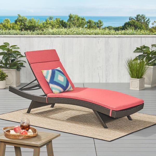 Salem Brown Faux Rattan Outdoor Patio Chaise Lounge with Red Cushions